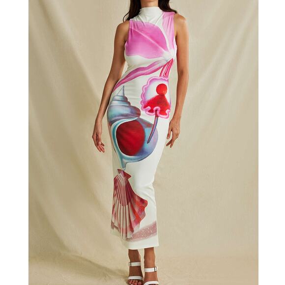 Micas Floral Print Mock Neck Slit Sleeveless Maxi Dress Elegant Stretch White M - Picture 1 of 9